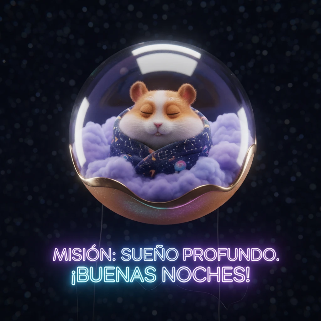 Imagen de buenas noches de un hámster durmiendo dentro de una cápsula en el espacio.