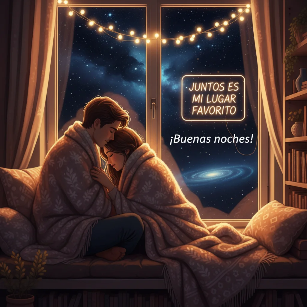 Imagen de buenas noches de una pareja arropada por una manta y sentados junto a una ventana con vistas a una galaxia.