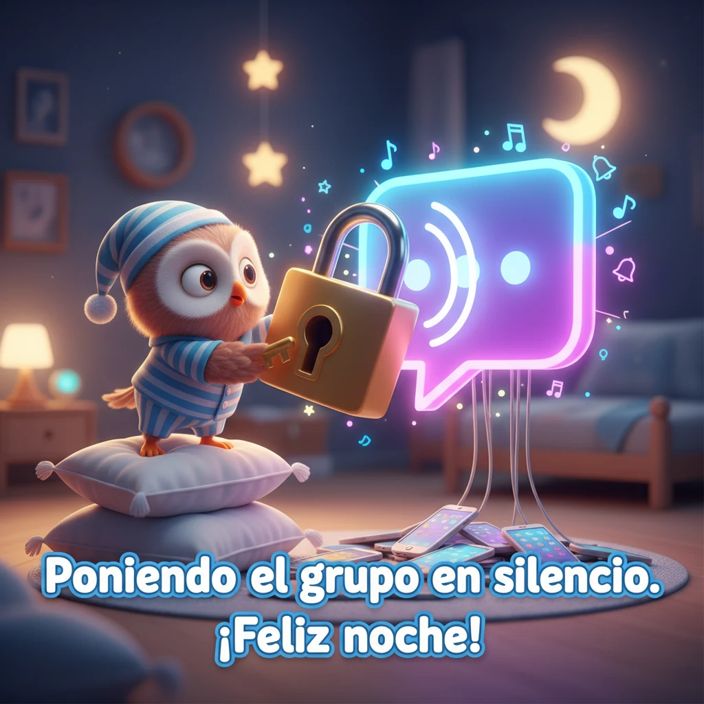 Imagen de buenas noches de un búho con pijama en una habitación poniendo un candado a un chat de grupo.