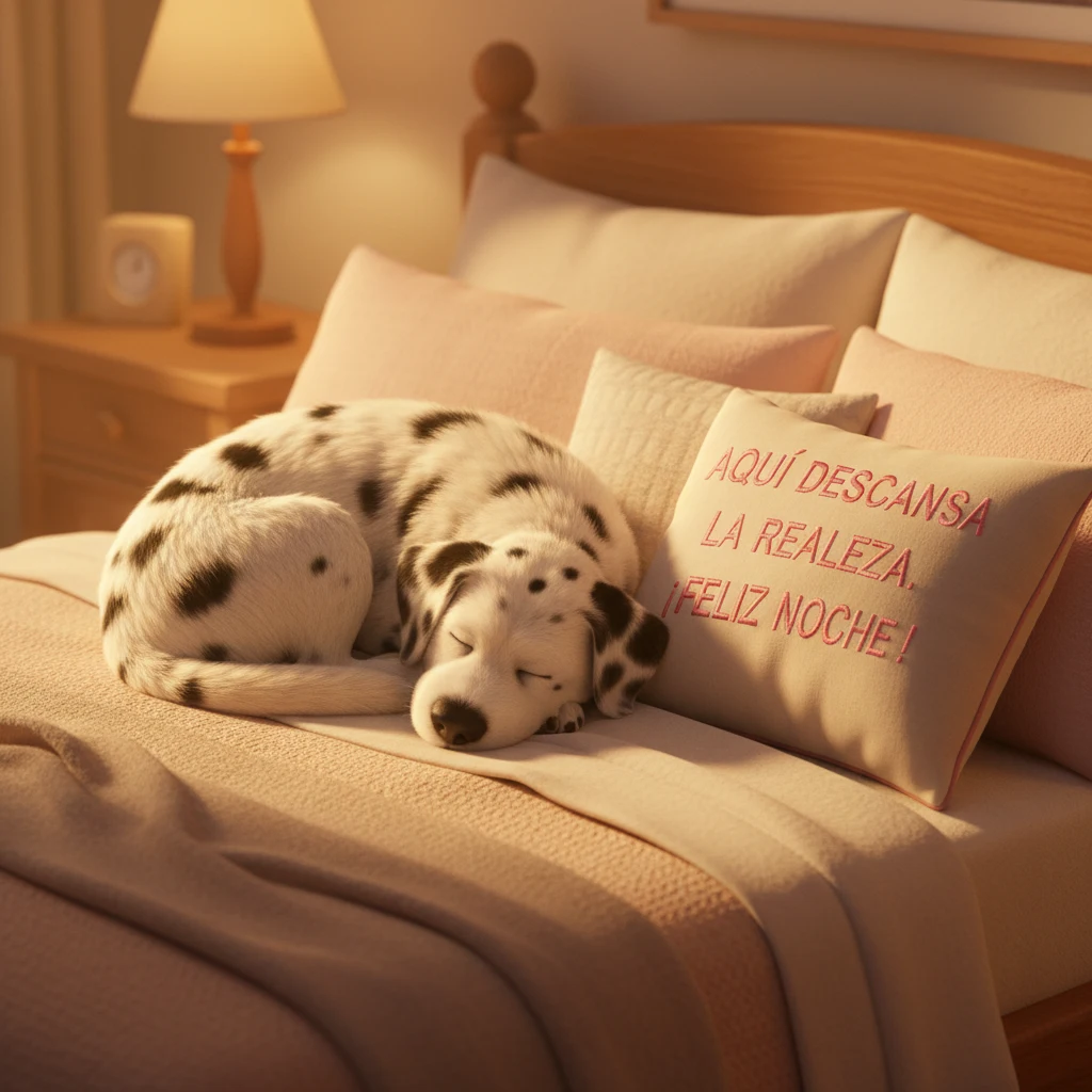 Imagen de buenas noches de un perro dálmata durmiendo en una cama llena de almohadas.