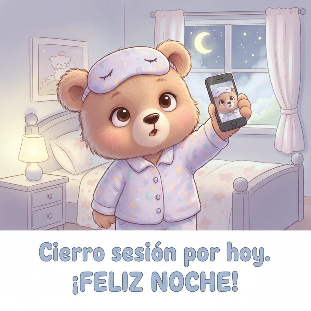 Imagen de buenas noches de un oso en pijama haciendo un selfie en una habitación.