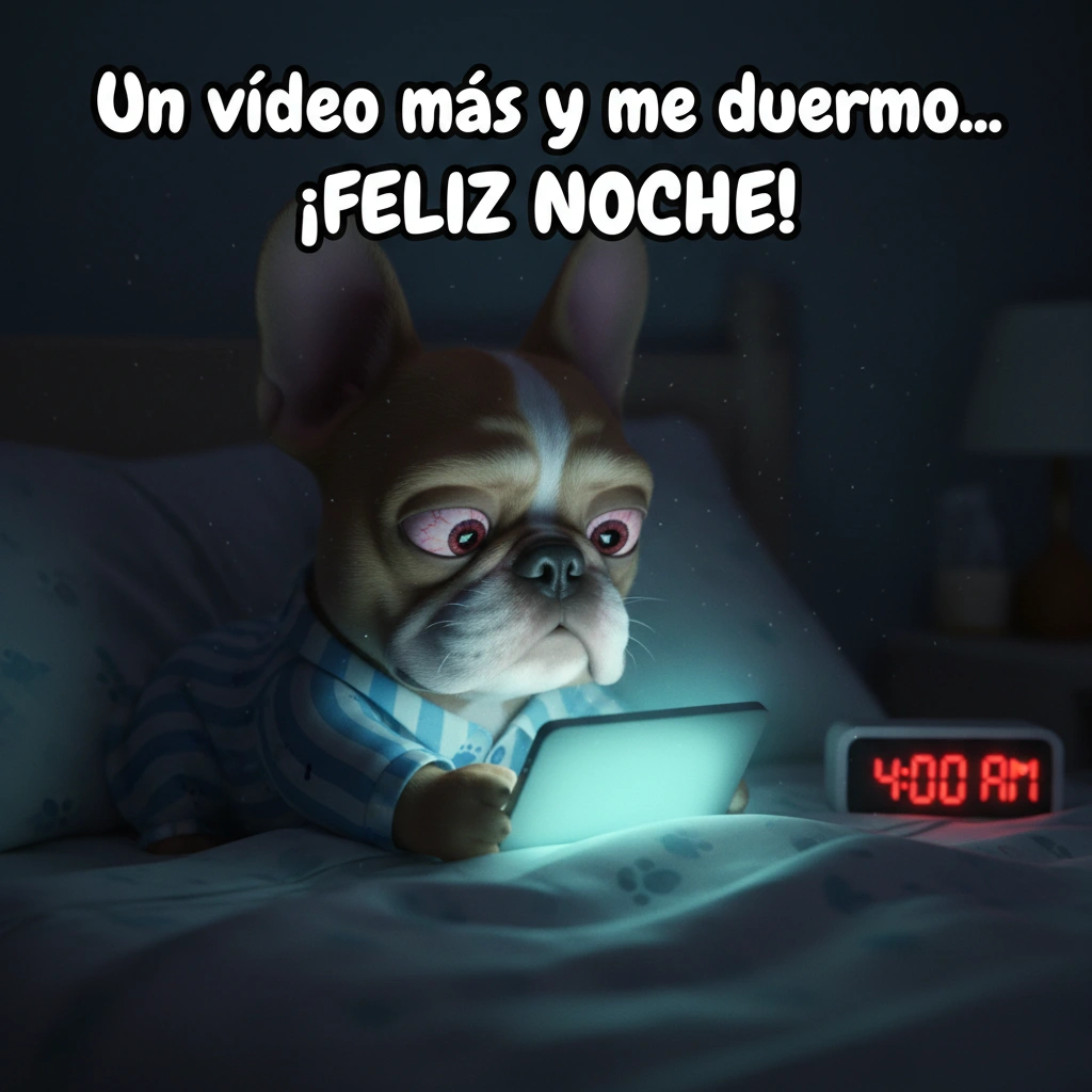 Imagen de buenas noches de un perro en pijama con los ojos rojos mirando el móvil dentro de una cama.