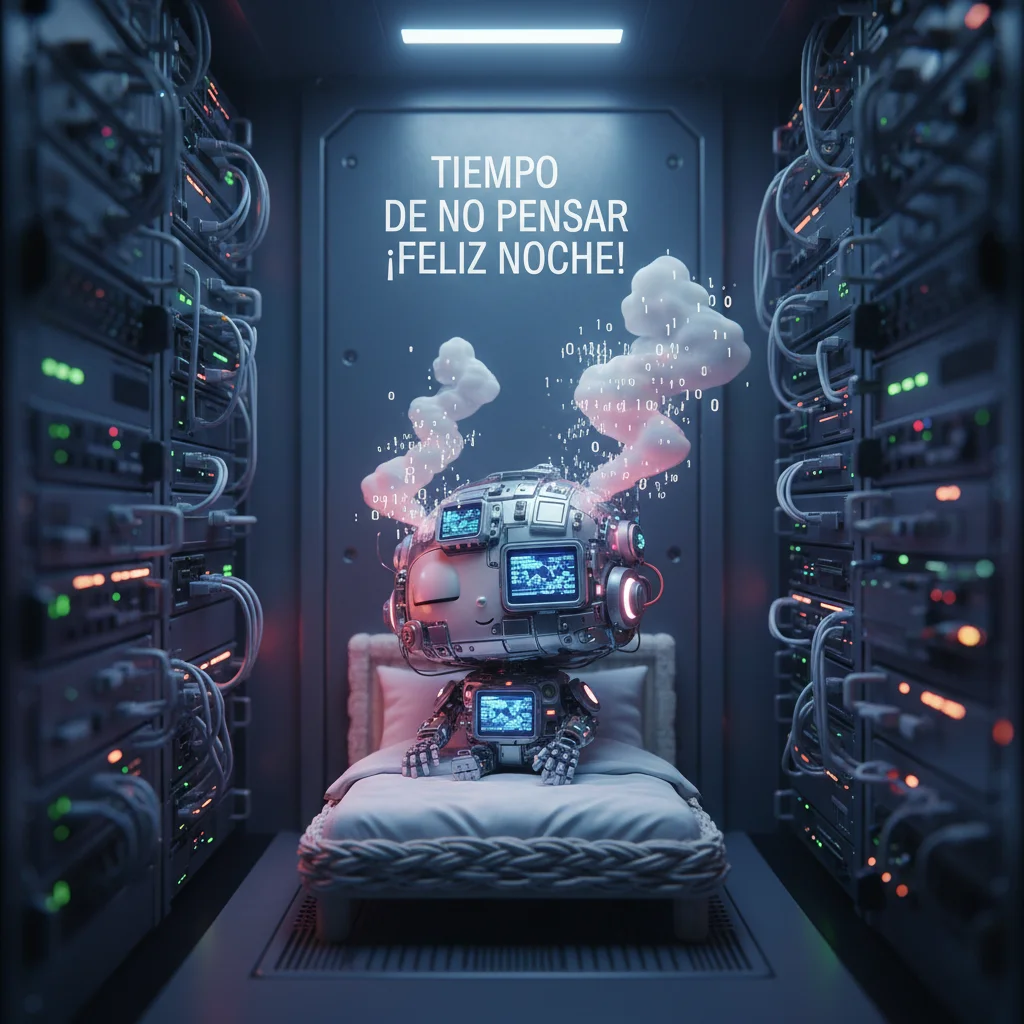 Imagen de buenas noches de un robot desconectando de todo antes de dormir.