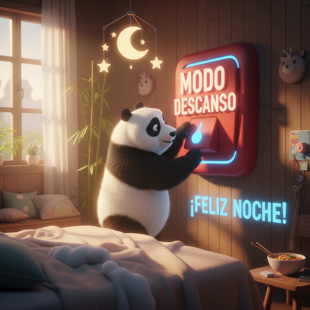 Imagen de buenas noches de un oso panda apagando un interruptor gigante para ir a descansar.