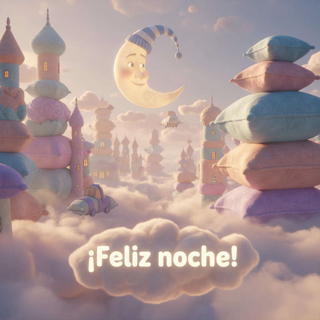 Imagen de buenas noches de una ciudad en las nubes con edificios de almohadas.