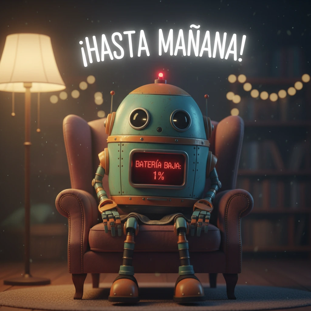 Imagen de buenas noches de un robot con batería baja sentado en el sillón de un salón.