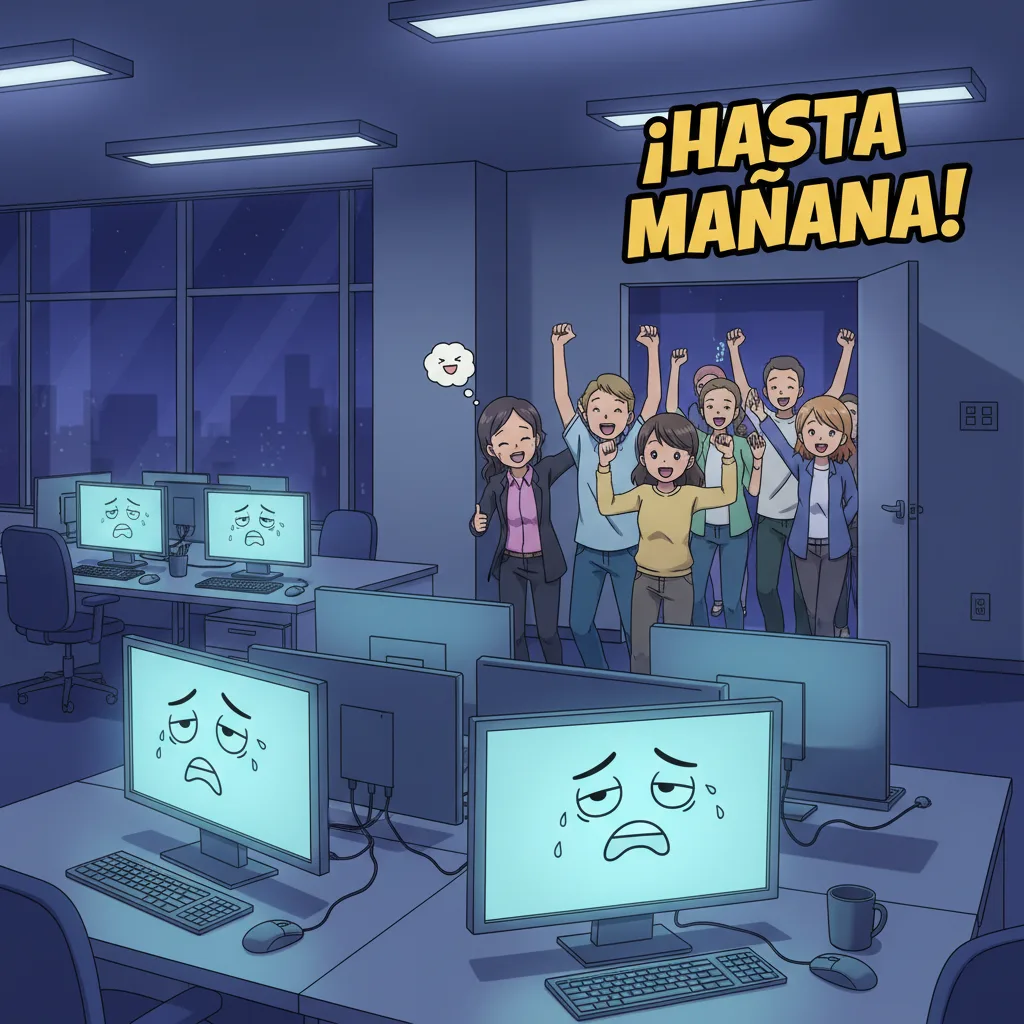 Imagen de buenas noches de un grupo de trabajadores felices dejando la oficina y las pantallas de los ordenadores con cara de cansancio.