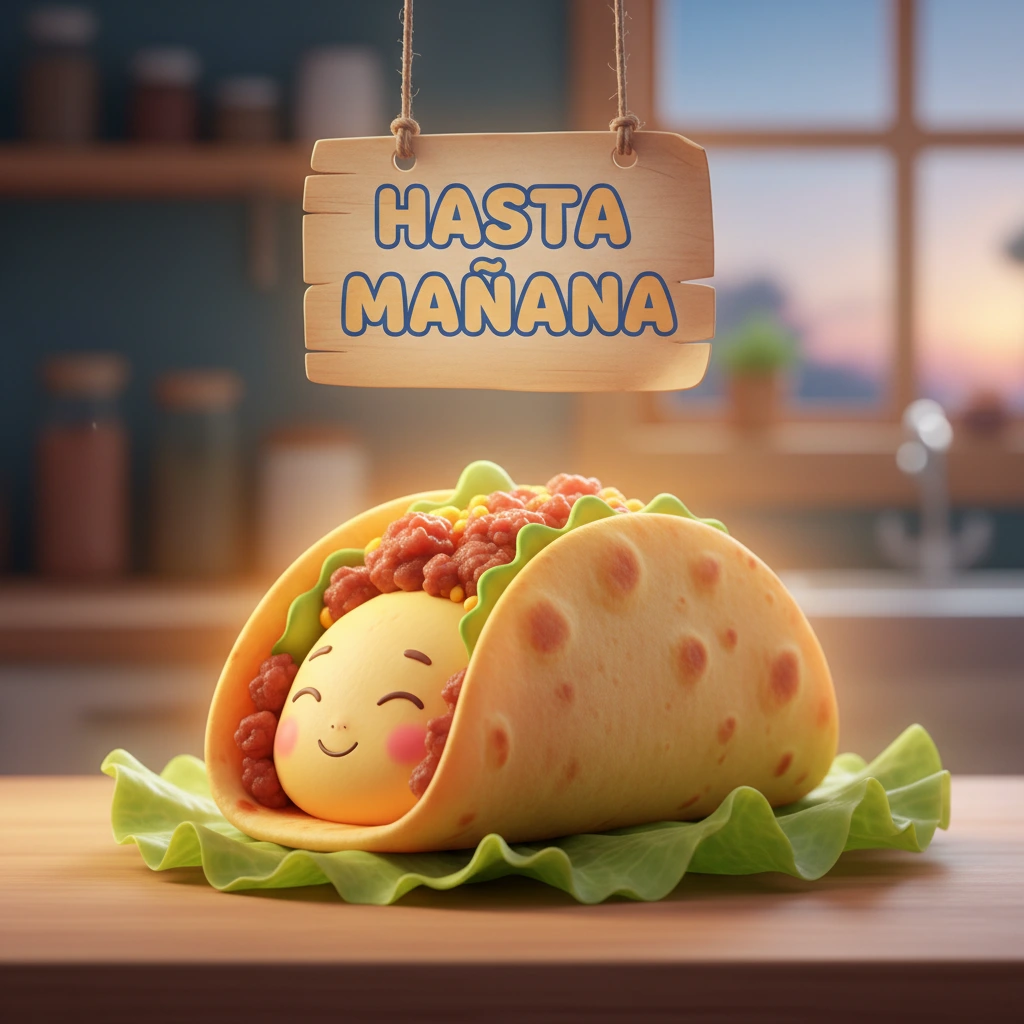 Imagen de buenas noches de un taco en una cocina a punto de dormir.