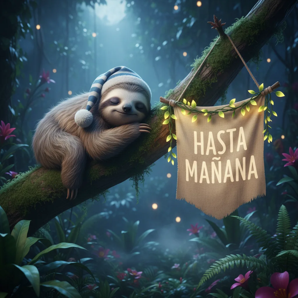 Imagen de buenas noches de un perezoso durmiendo sobre una rama.
