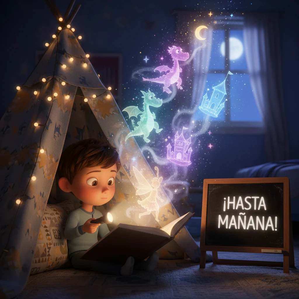 Imagen de buenas noches de un niño dentro de una tienda con una linterna leyendo un libro.