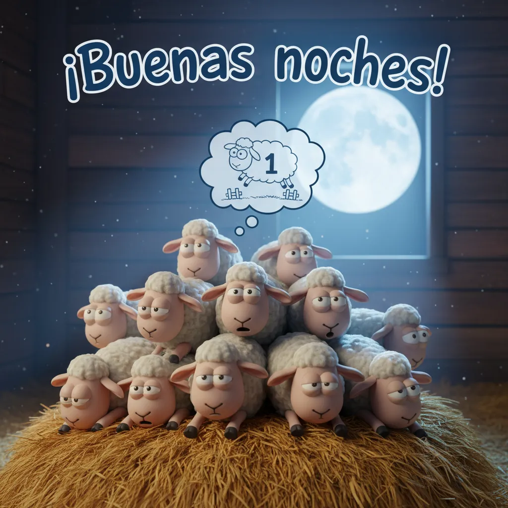 Imagen de buenas noches de un grupo de ovejas en una granja intentando dormir.