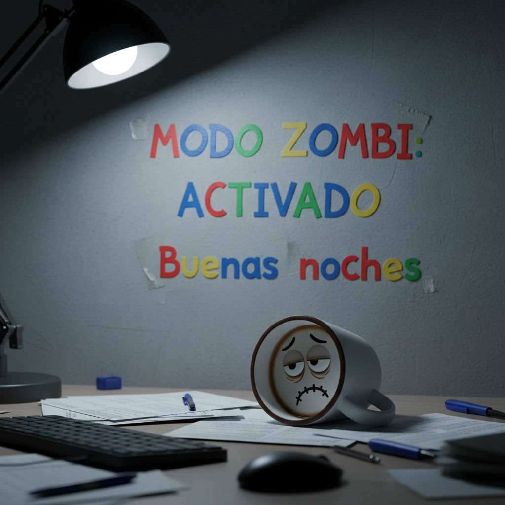 Imagen de buenas noches de una taza de café con cara de zombi en el escritorio de una oficina.
