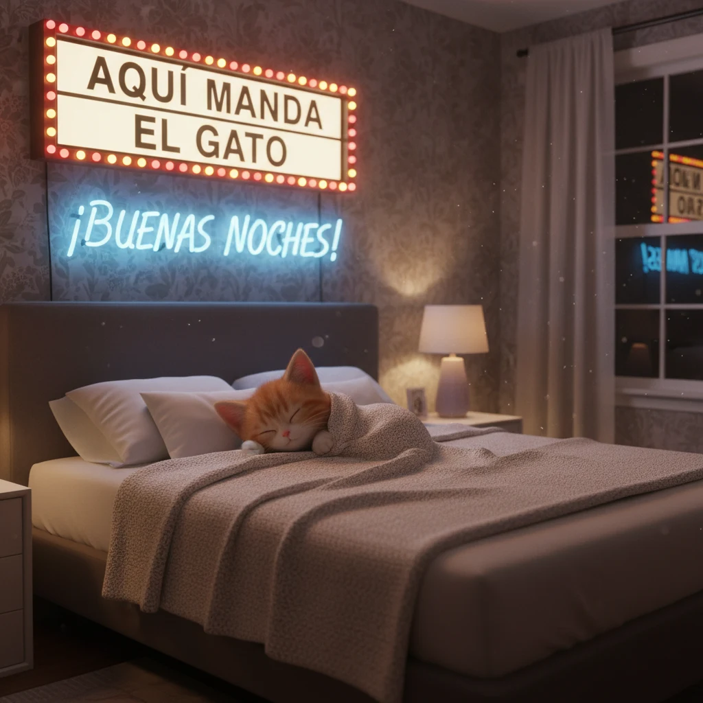 Imagen de buenas noches de un gato naranja arropado y durmiendo justo en el medio de una cama.