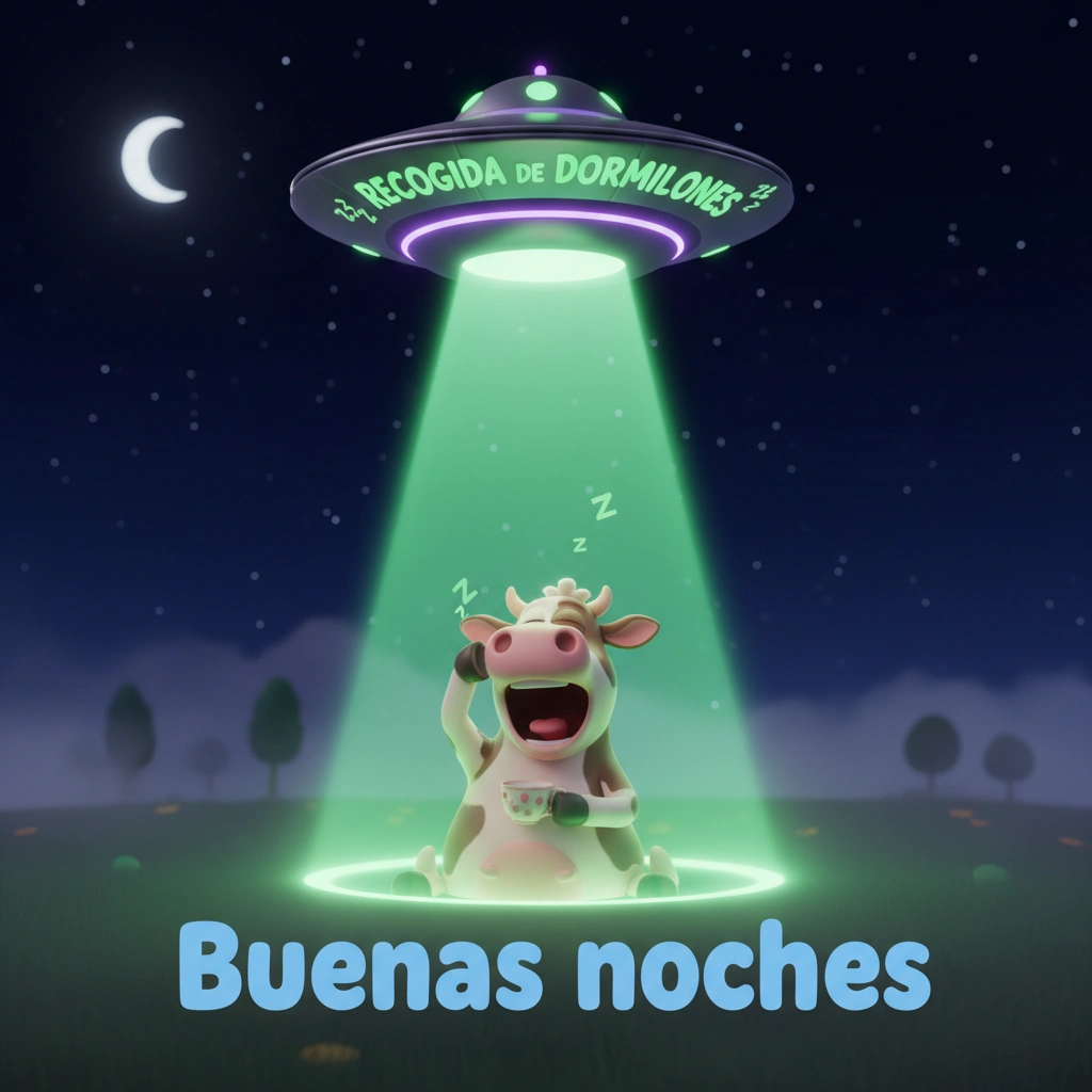 Imagen de buenas noches de una vaca durmiendo siendo abducida por una nave espacial.