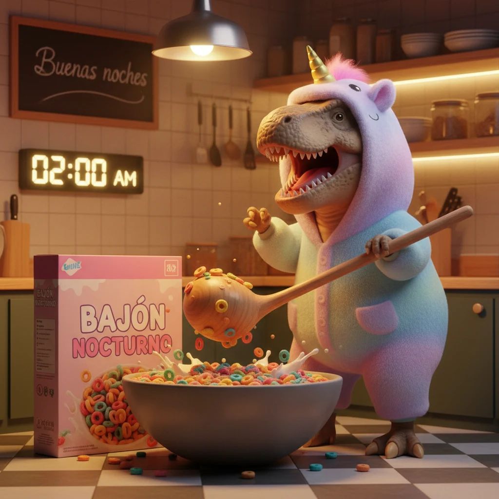 Imagen de buenas noches de un dinosaurio con pijama de unicornio comiendo cereales en una cocina.