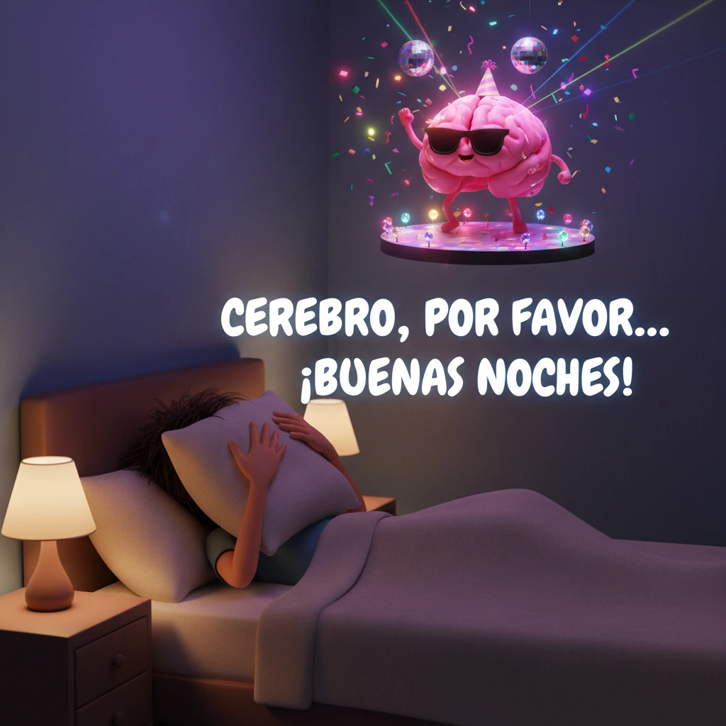 Imagen de buenas noches de una persona en la cama intentando dormir y su cerebro al otro lado bailando.