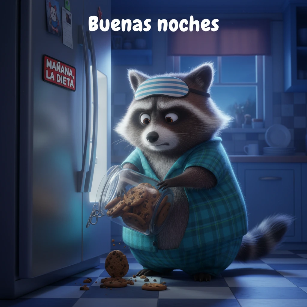 Imagen de buenas noches de un mapache en pijama comiendo galletas en una cocina.