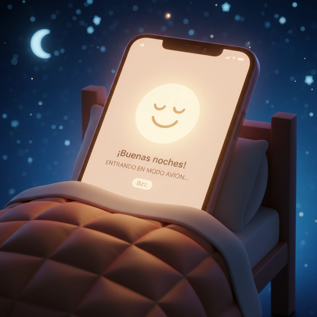 Imagen de buenas noches de un móvil durmiendo en una cama en modo avión.