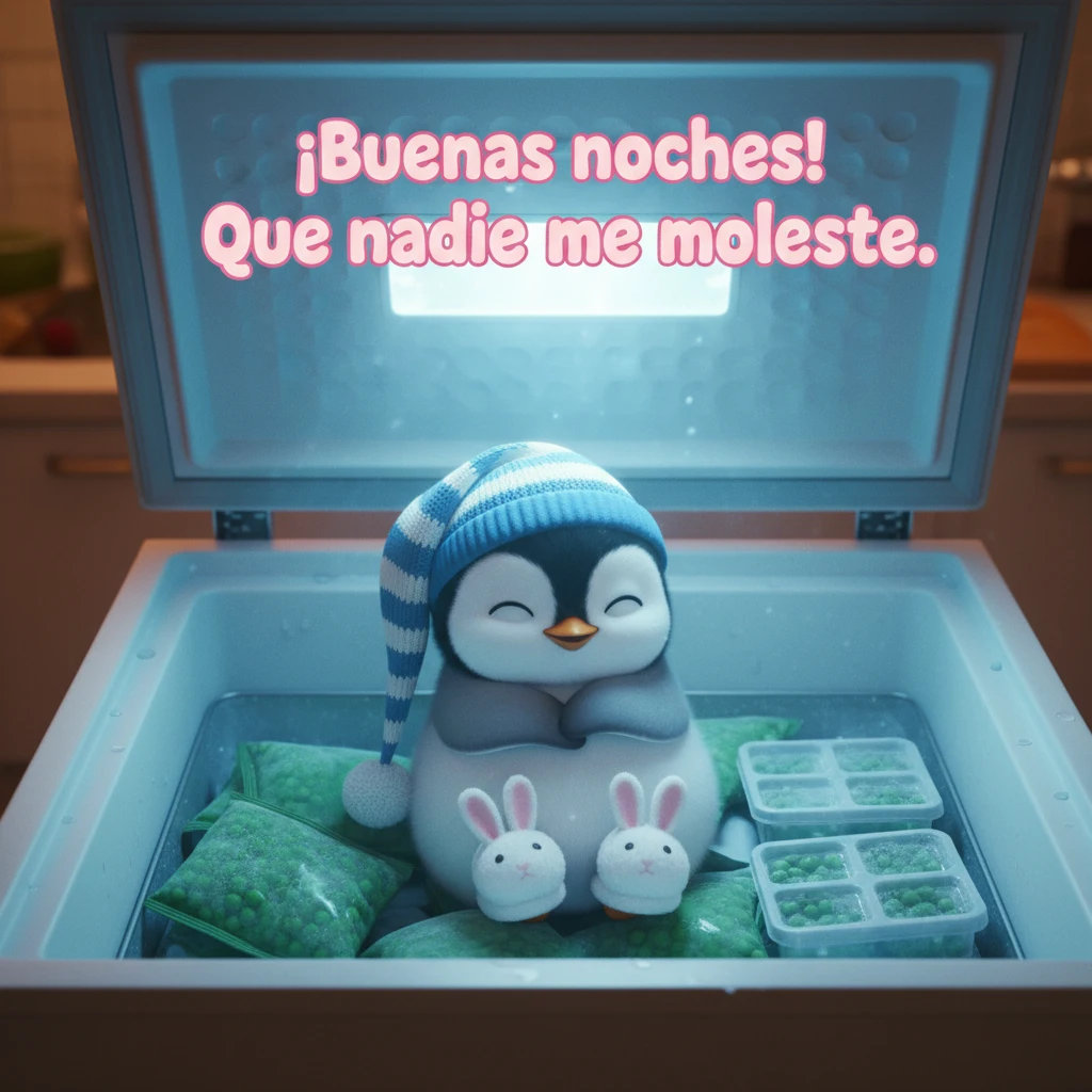 Imagen de buenas noches de un pingüino durmiendo en un congelador.