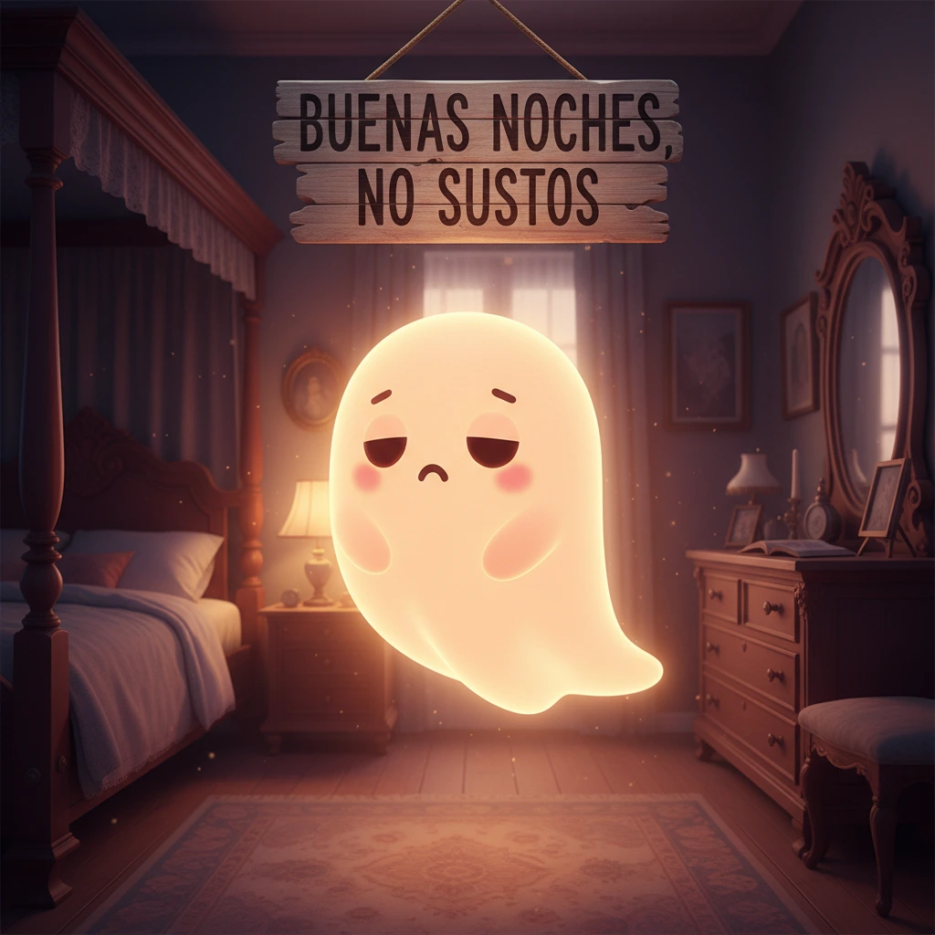 Imagen de buenas noches de un fantasma con cara de sueño en una habitación.