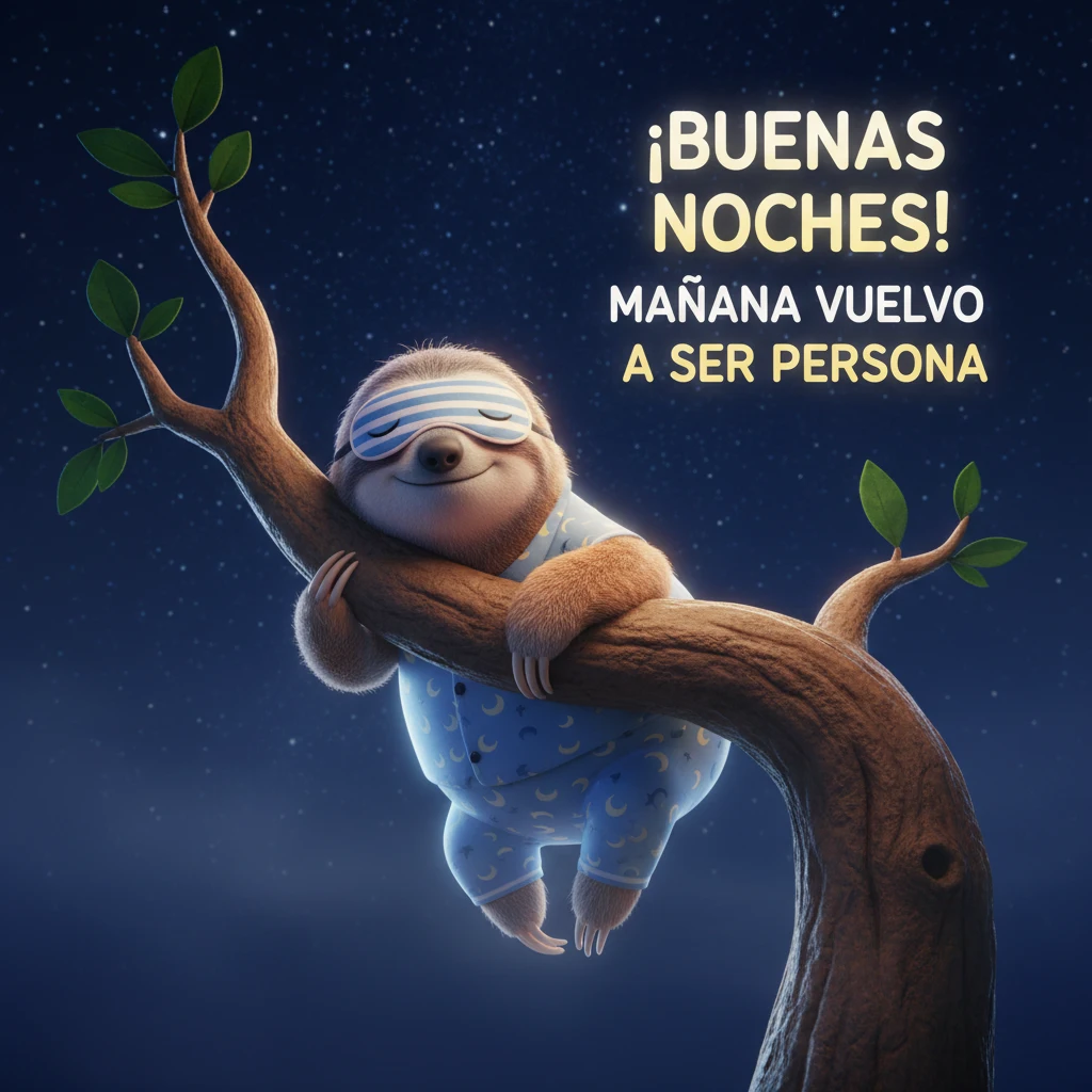 Imagen de buenas noches de un perezoso en pijama durmiendo en la rama de un árbol.