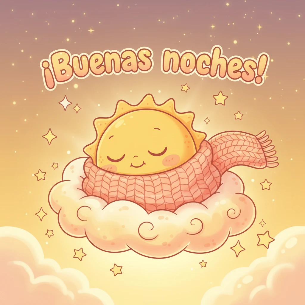 Imagen de buenas noches de un sol arropado con una bufanda y durmiendo en una nube.