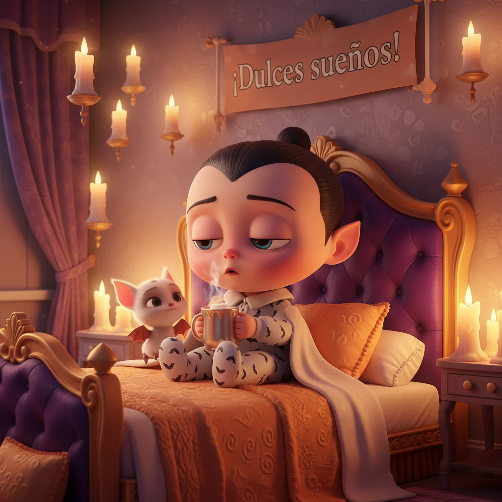 Imagen de buenas noches de un niño vampiro en una cama con una taza de chocolate caliente.