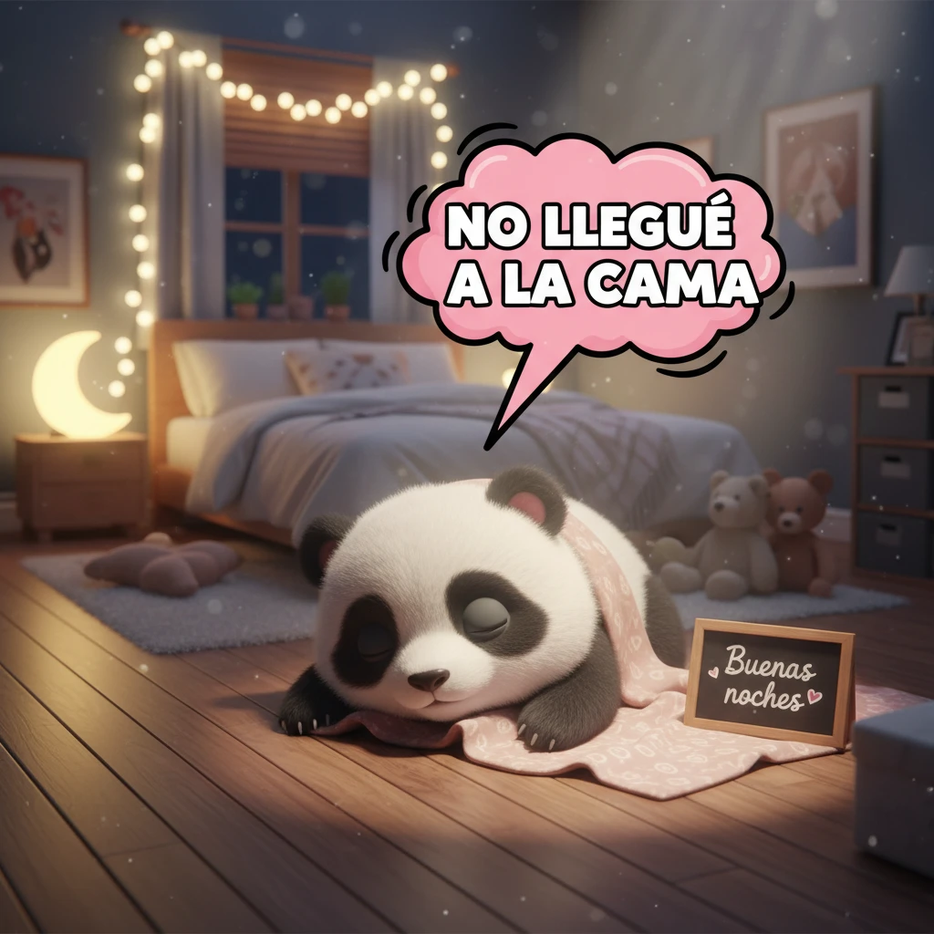 Imagen de buenas noches de un oso panda durmiendo en el suelo de una habitación.