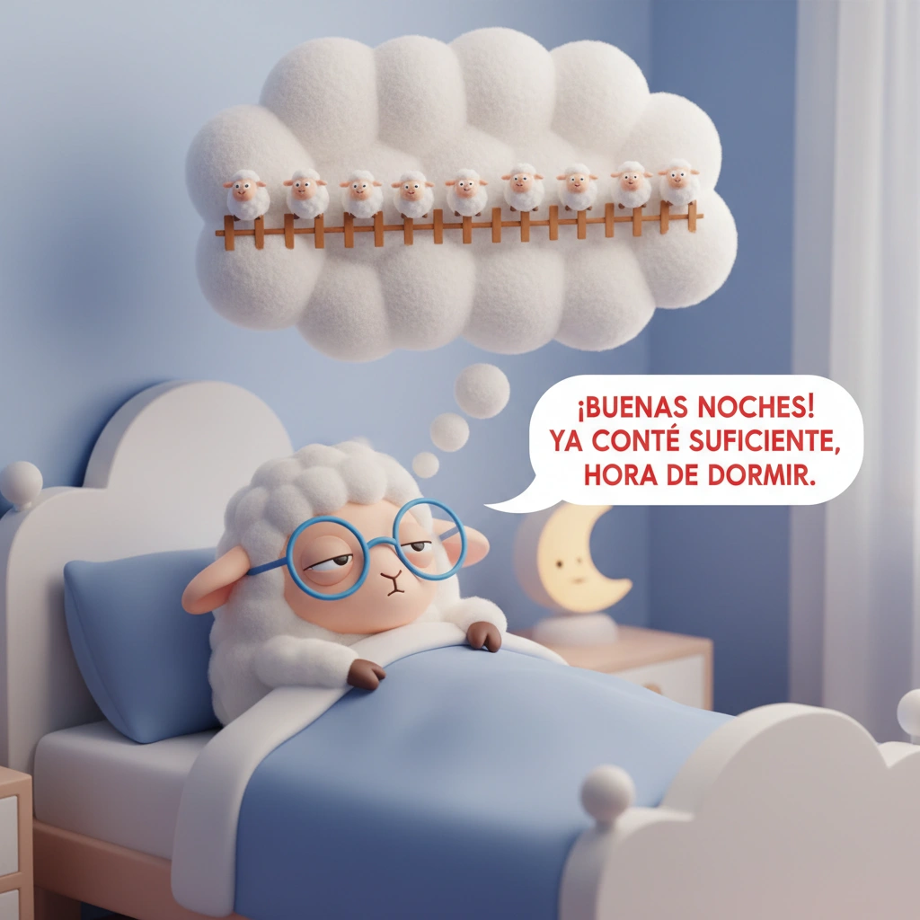 Imagen de buenas noches de una oveja en una cama contando ovejas e intentando dormir.