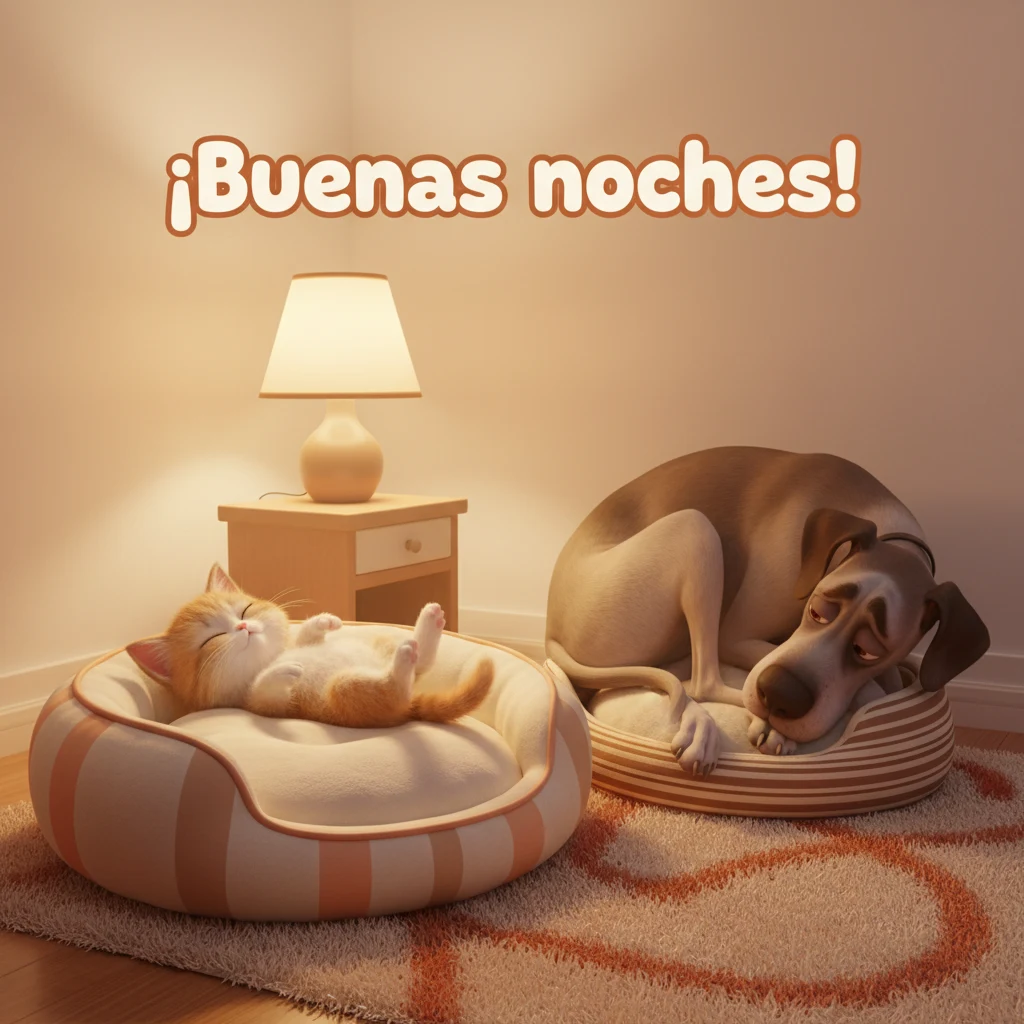 Imagen de buenas noches de un perro y un gato durmiendo.