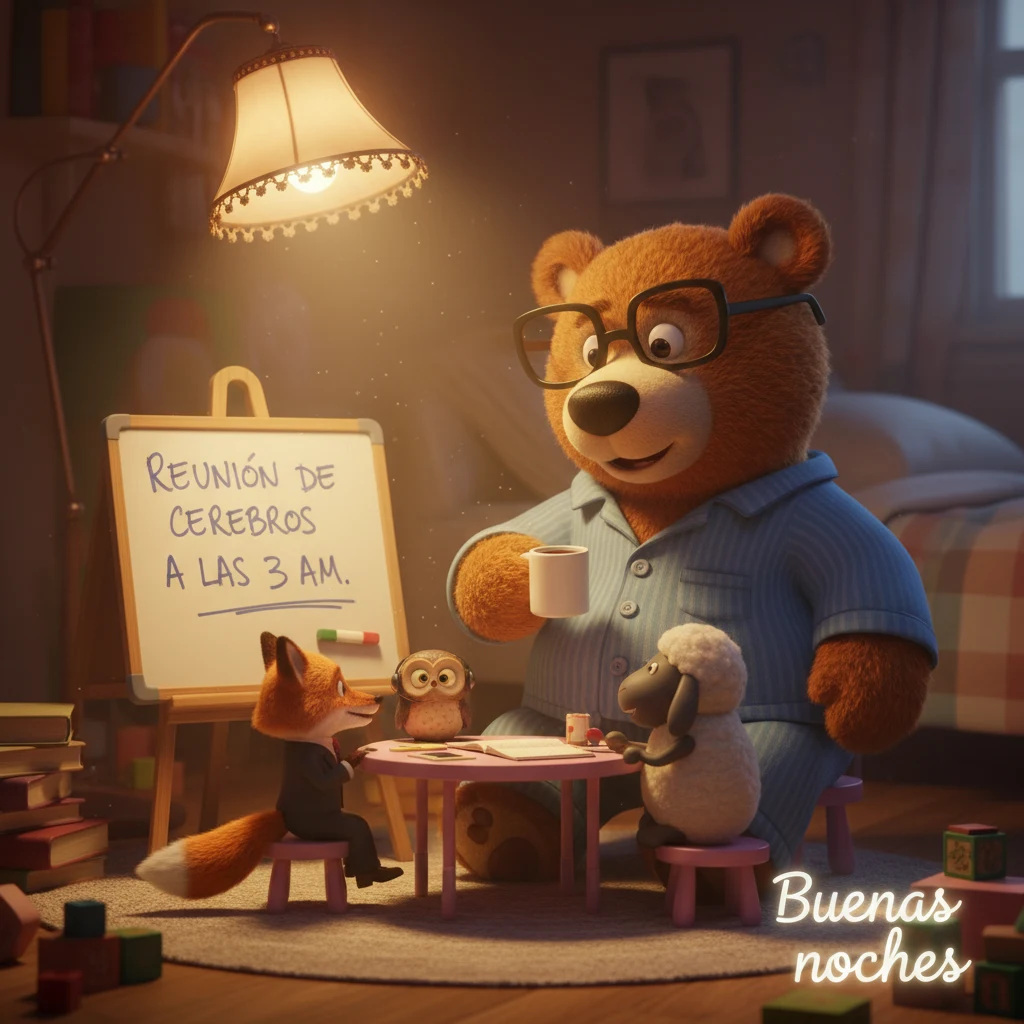 Imagen de buenas noches de una reunión de un grupo de peluches tomando café en una habitación.