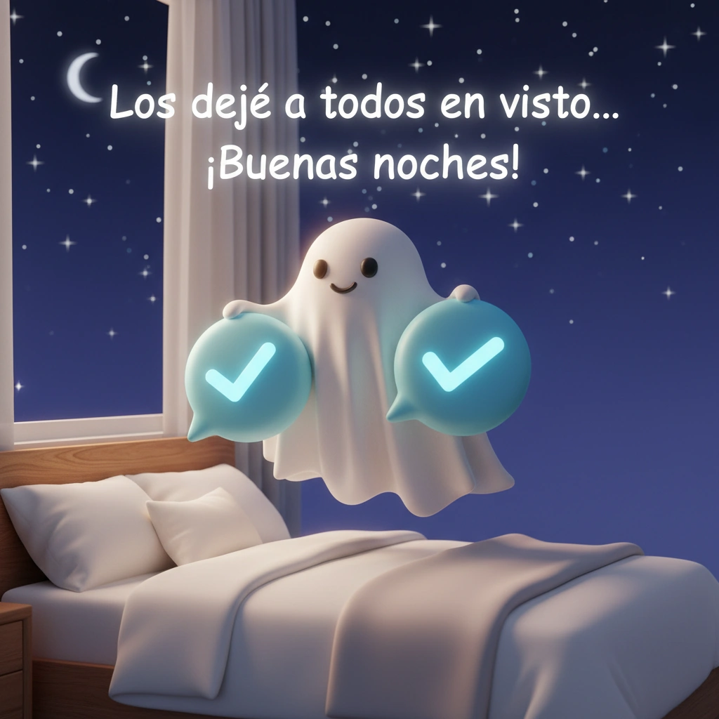 Imagen de buenas noches de un fantasma sobre una cama sosteniendo el doble tic azul de WhatApp.