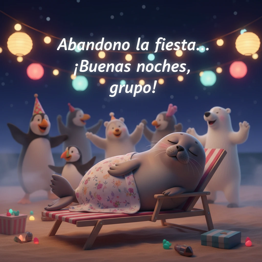 Imagen de buenas noches de una foca durmiendo en una hamaca mientras los demás animales siguen de fiesta.