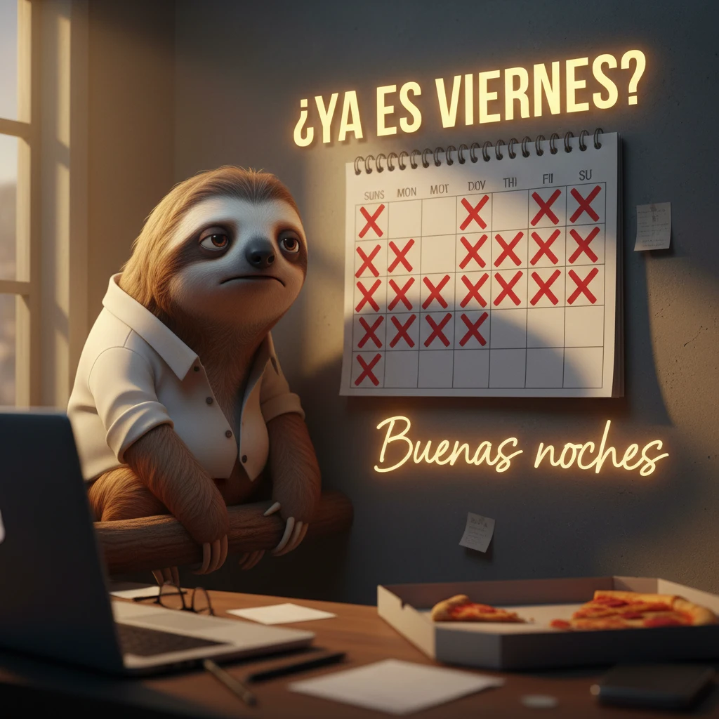 Imagen de buenas noches de un perezoso mirando con cara de sueño un calendario.