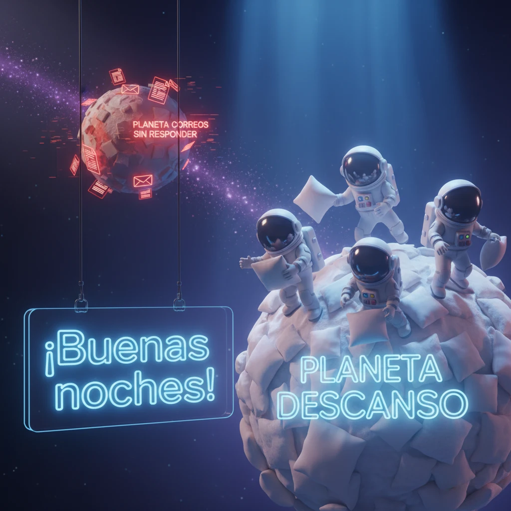 Imagen de buenas noches de una galaxia con un planeta de correos sin responder y un planeta de descanso.