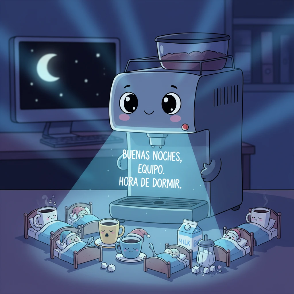Imagen de buenas noches de una máquina de café y unas tazas a punto de dormir.