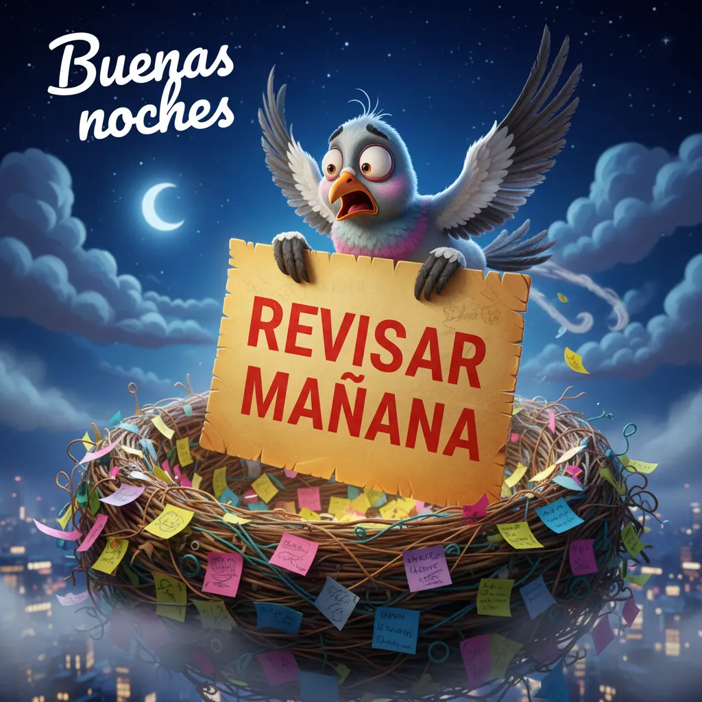 Imagen de buenas noches de un pájaro estresado en un nido lleno de notas.
