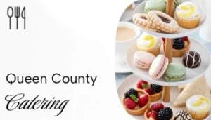 Business card with a dessert platter and the word Queen County Catering. The Q has a vertical tail like the Greek koppa.
