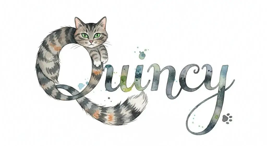 The name Quincy in a watercolor painting style where the letter Q is a gray tabby cat