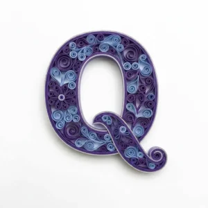 AI Generated prototype of a letter Q paper filigree project. The letter is made of purple and periwinkle coils of paper.
