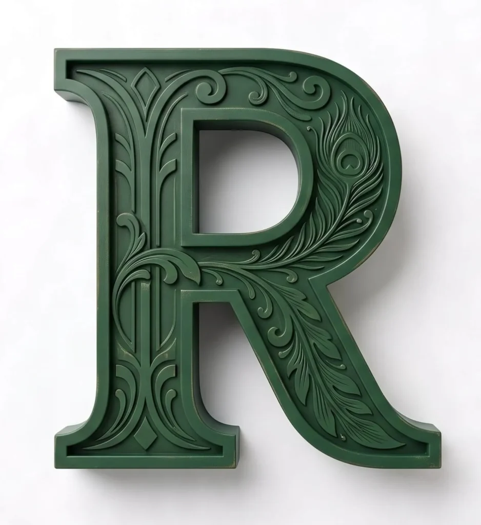 Design prototype for a wooden capital R with floral carved details