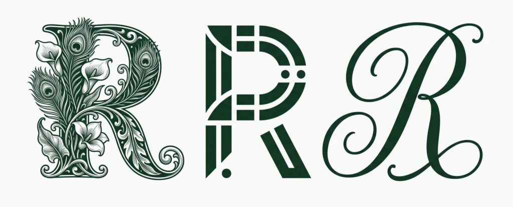 Three letter R designs from left to right Art nouveau, geometric, and cursive