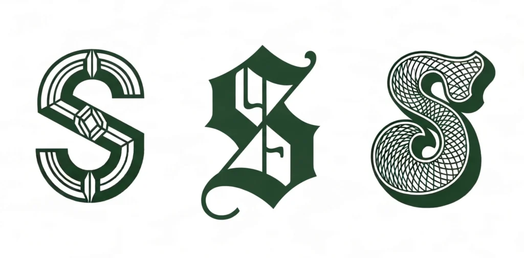 Three letter S designs from left to right Art Deco, Blackletter, and Retro