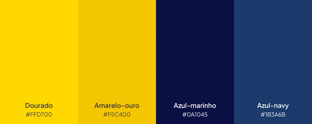 Paleta com as cores dourado, amarelo-ouro, azul-marinho e azul-navy.
