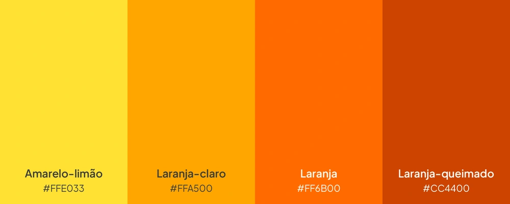 Paleta com as cores amarelo-limão, laranja-claro, laranja e laranja-queimado.