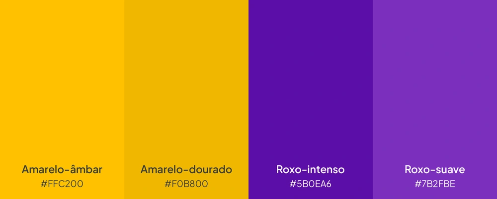 Paleta com as cores amarelo-âmbar, amarelo-dourado, roxo-intenso e roxo-suave.