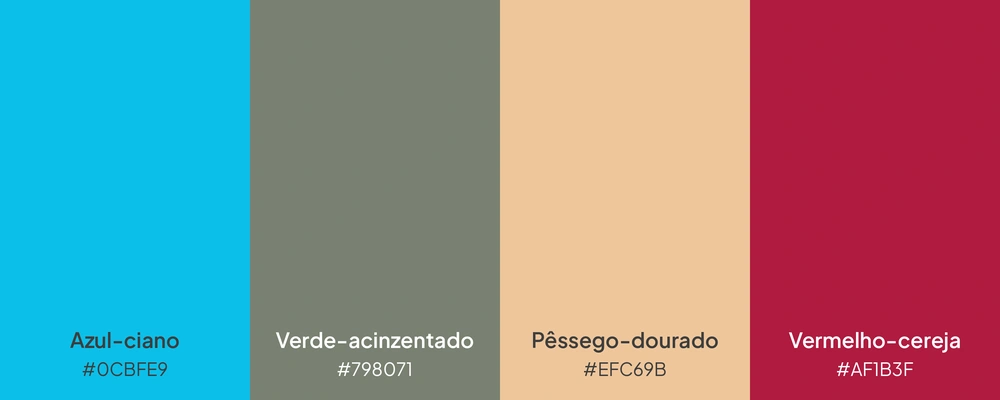 Paleta com 4 cores: azul-ciano, verde-acinzentado, pêssego-dourado e vermelho-cereja.
