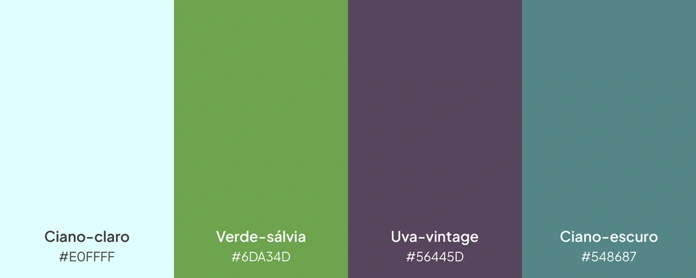 Paleta com 4 cores: ciano-claro, verde-sálvia, uva-vintage e ciano-escuro.