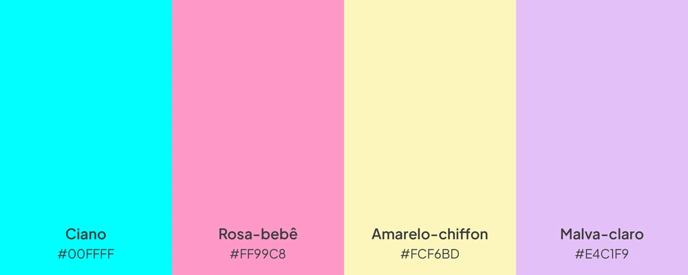 Paleta com 4 cores: ciano, rosa-bebê, amarelo-chiffon e malva-claro.