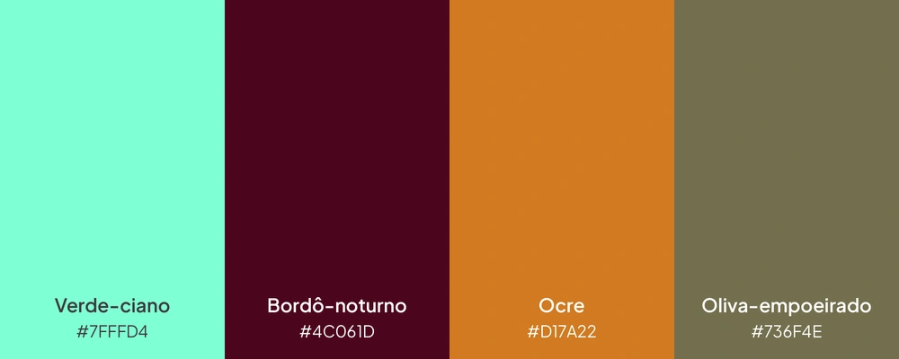 Paleta com 4 cores: verde-ciano, bordô-noturno, ocre e oliva-empoeirado.
